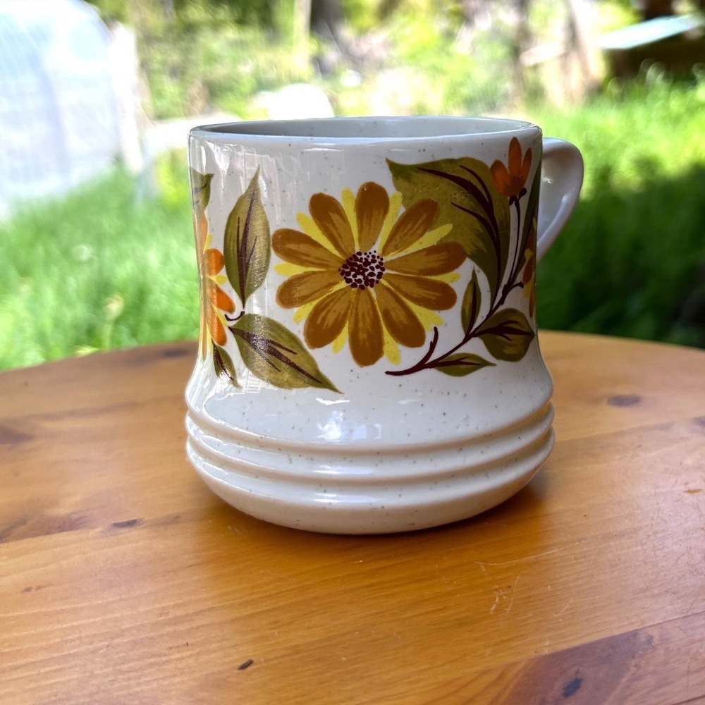 Vintage Stoneware Mug Large Orange Yellow Retro Daisy Flower JMP Japan Capri - Picture 3 of 9